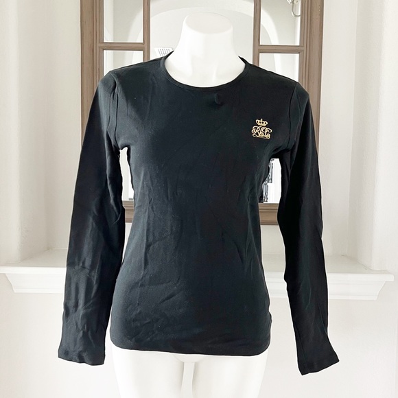 L. Ralph Lauren Long Sleeve Crew Neck RLL Crest Logo T-Shirt Black Gold Size L - Picture 9 of 9